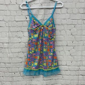 VTG Style Butterfly Print Babydoll Nightie Camisole Ruffle Hem Blue Lace Sz M